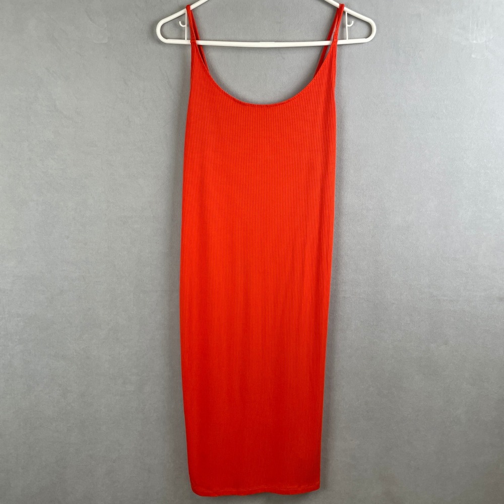 H&M Basics Vibrant Orange Rib Knit‎ Bodycon Midi Dress Spaghetti Strap Scoop M